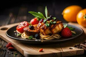 grilled scallops with pasta and berries on a black plate. AI-Generated photo