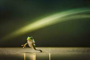 a frog jumping on a table with a light behind it. AI-Generated photo