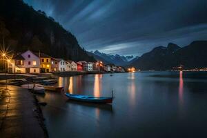 barcos son atracado a el apuntalar de un lago a noche. generado por ai foto