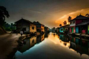 a canal in the middle of a village at sunset. AI-Generated photo