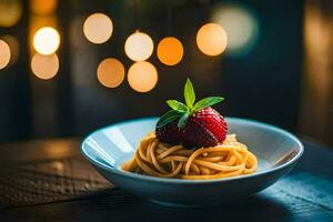 a plate of spaghetti with a strawberry on top. AI-Generated photo