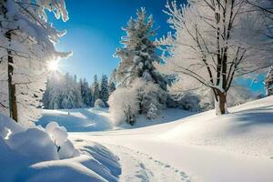 photo wallpaper trees, snow, the sun, trees, winter, the forest, trees, winter. AI-Generated