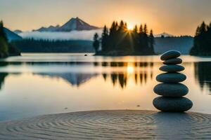 un apilar de piedras se sienta en el arena a puesta de sol. generado por ai foto