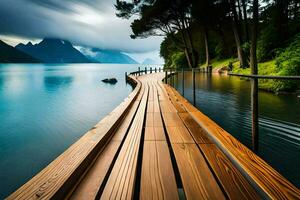 a wooden boardwalk leads to a lake and mountains. AI-Generated photo