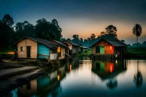 houses on the water at dusk. AI-Generated photo