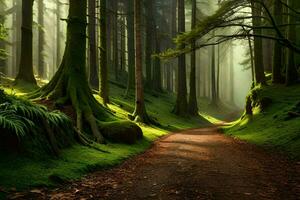 a path through a forest with trees and green grass. AI-Generated photo