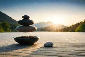 balance stones in a bowl on the beach. AI-Generated photo