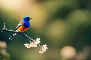 un azul y naranja pájaro se sienta en un rama. generado por ai foto