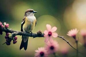 a bird sits on a branch with pink flowers. AI-Generated photo