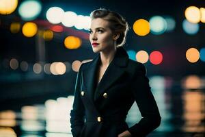 a woman in a black suit standing in front of a city at night. AI-Generated photo