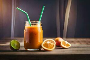 a glass jar with orange juice and lime slices. AI-Generated photo