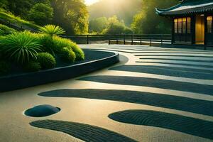 a japanese garden with a stone path. AI-Generated photo