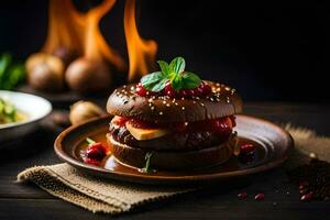 a hamburger with cherries and spices on a plate. AI-Generated photo