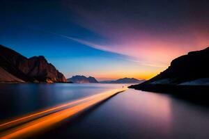 a long exposure photograph of a long line of cars driving along a road in front of a mountain. AI-Generated photo