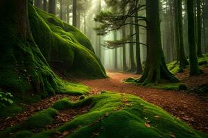 a path through a green forest with mossy rocks. AI-Generated photo