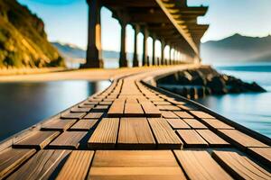 a long wooden walkway with a bridge over the water. AI-Generated photo