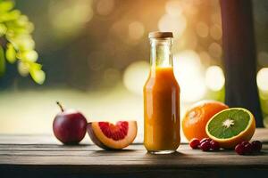 un botella de naranja jugo con Fruta en un mesa. generado por ai foto