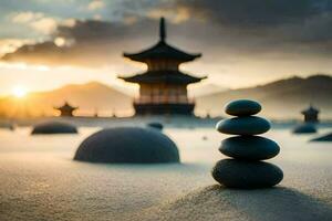 un apilar de rocas en frente de un pagoda. generado por ai foto