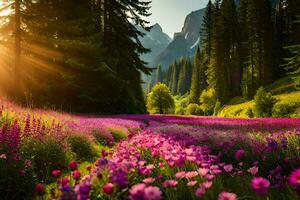 the sun shines over a field of purple flowers. AI-Generated photo