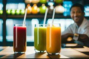 three glasses of juice on a table. AI-Generated photo