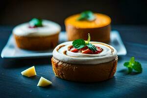 three mini cupcakes on a plate with cheese and mint. AI-Generated photo