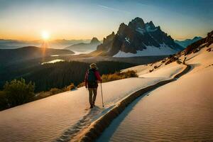 a man walking through the sand dunes at sunset. AI-Generated photo