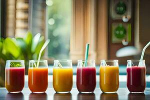 a row of glasses with different colored juices. AI-Generated photo