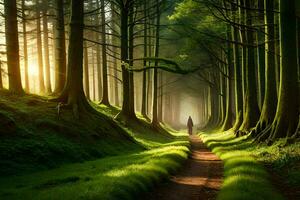 a person walking down a path in the middle of a forest. AI-Generated photo