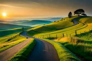 el la carretera a el puesta de sol. generado por ai foto