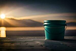 a bucket sitting on a dock at sunset. AI-Generated photo