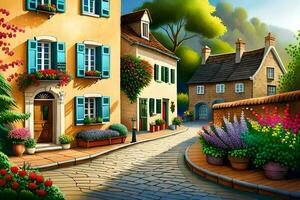 a painting of a street with flowers and plants. AI-Generated photo