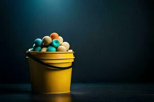 a bucket filled with colorful eggs on a dark background. AI-Generated photo