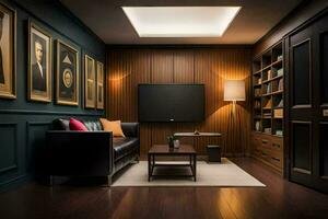 un vivo habitación con un sofá, un televisión y un libro estante. generado por ai foto