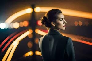 un mujer en un traje soportes en frente de un ciudad a noche. generado por ai foto