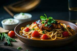 pollo y pasta en un tomate salsa con arroz y vegetales. generado por ai foto