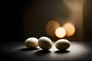 three eggs on a table in front of a light. AI-Generated photo