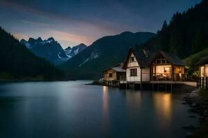 a lake house in the mountains at dusk. AI-Generated photo