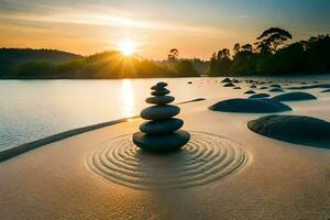 un apilar de rocas en el playa a puesta de sol. generado por ai foto