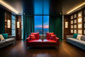 the living room has a view of the city at sunset. AI-Generated photo