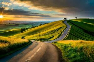 el la carretera a el puesta de sol. generado por ai foto