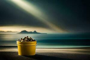 a bucket of nuts on the beach with a sun shining. AI-Generated photo