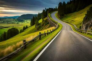 a winding road in the mountains with a green hillside. AI-Generated photo