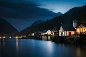 a small town sits on the shore of a lake at night. AI-Generated photo