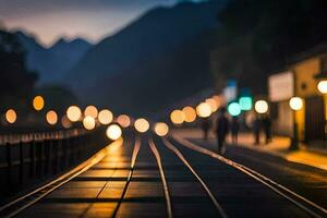 un tren pista en el oscuro con luces en él. generado por ai foto