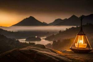 a lantern on a rock with a mountain in the background. AI-Generated photo