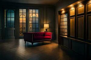 un oscuro habitación con un rojo sofá y ventanas generado por ai foto