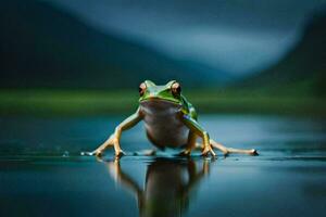 a frog sitting on the water with its reflection. AI-Generated photo