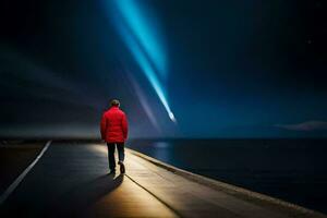 un hombre en un rojo chaqueta soportes en un muelle mirando a el cielo. generado por ai foto