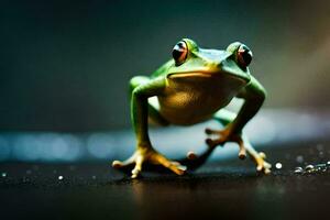 a frog is standing on a wet surface. AI-Generated photo
