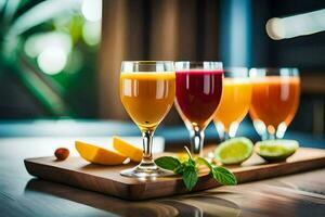 five glasses of juice on a wooden tray. AI-Generated photo